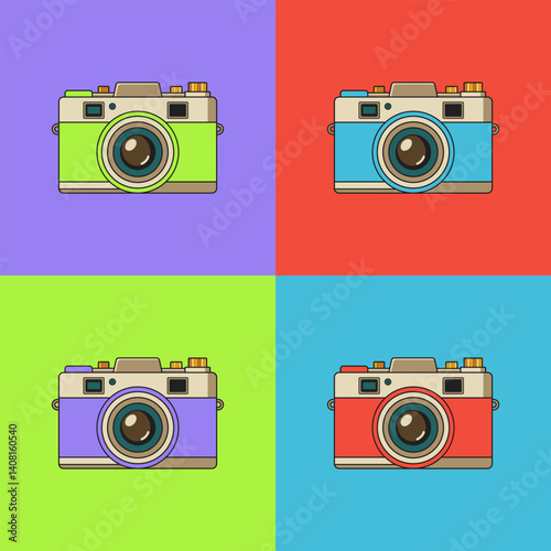 A set of retro camera illustrations in pop art style. The design evokes a nostalgic feel, reminiscent of the 60s–70s era, and is perfect for themes like photography, travel, and vintage aesthetics.