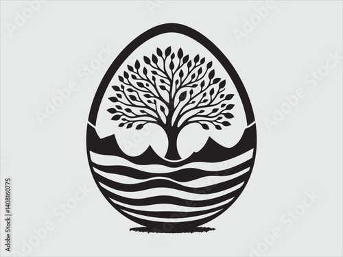 Tree of Life Growing from an Eggshell Silhouette Symbolizing New Beginnings, Growth, and Creation in Nature-Inspired Designs