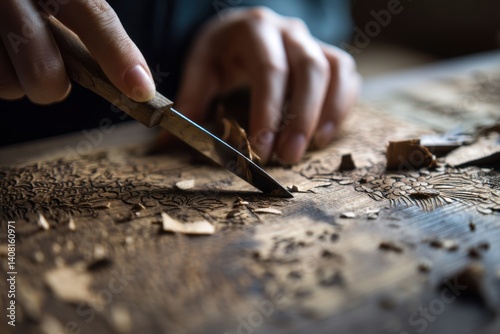 An artisan meticulously carves a traditional woodblock print with a sharp blade, scattering fine wood chips across the tabletop.
