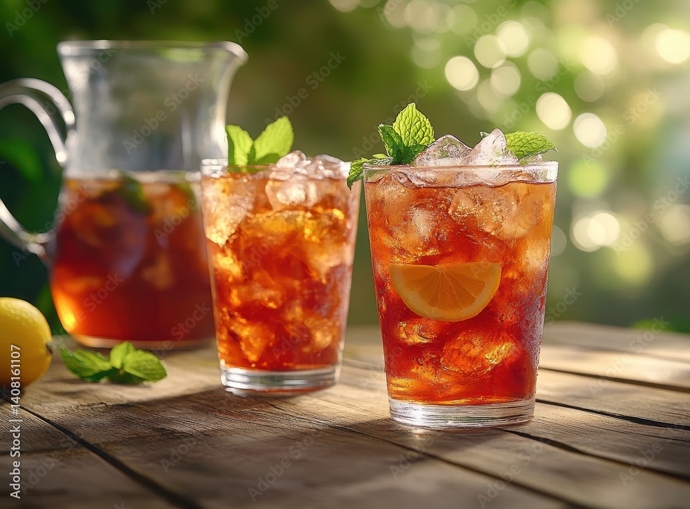 Refreshing Iced Tea with Mint and Lemon Served in Glasses on a Rustic Wooden Table in a Sunlit Outdoor Setting Refreshing Iced Tea with Mint and Lemon Served in Glasses on a Rustic Wooden Table in a Sunlit Outdoor Setting