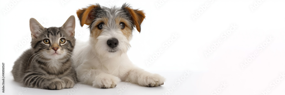 A cat and a dog are laying next to each other on a white background. A cat and a dog are laying next to each other on a white background.