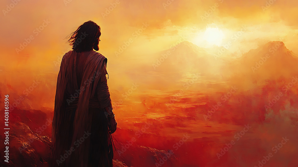 Fototapeta premium A wide cinematic shot of the desert with Jesus in the foreground, eyes lifted to the light-filled sky, solitude and divinity blending in perfect harmony soft royal hues of red, gold, and ivory.