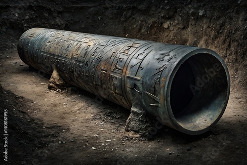 Wallpaper Mural An ancient Egyptian bronze cylinder artifact discovered during an excavation, featuring intricate hieroglyphic engravings and a dark, mysterious atmosphere. Torontodigital.ca