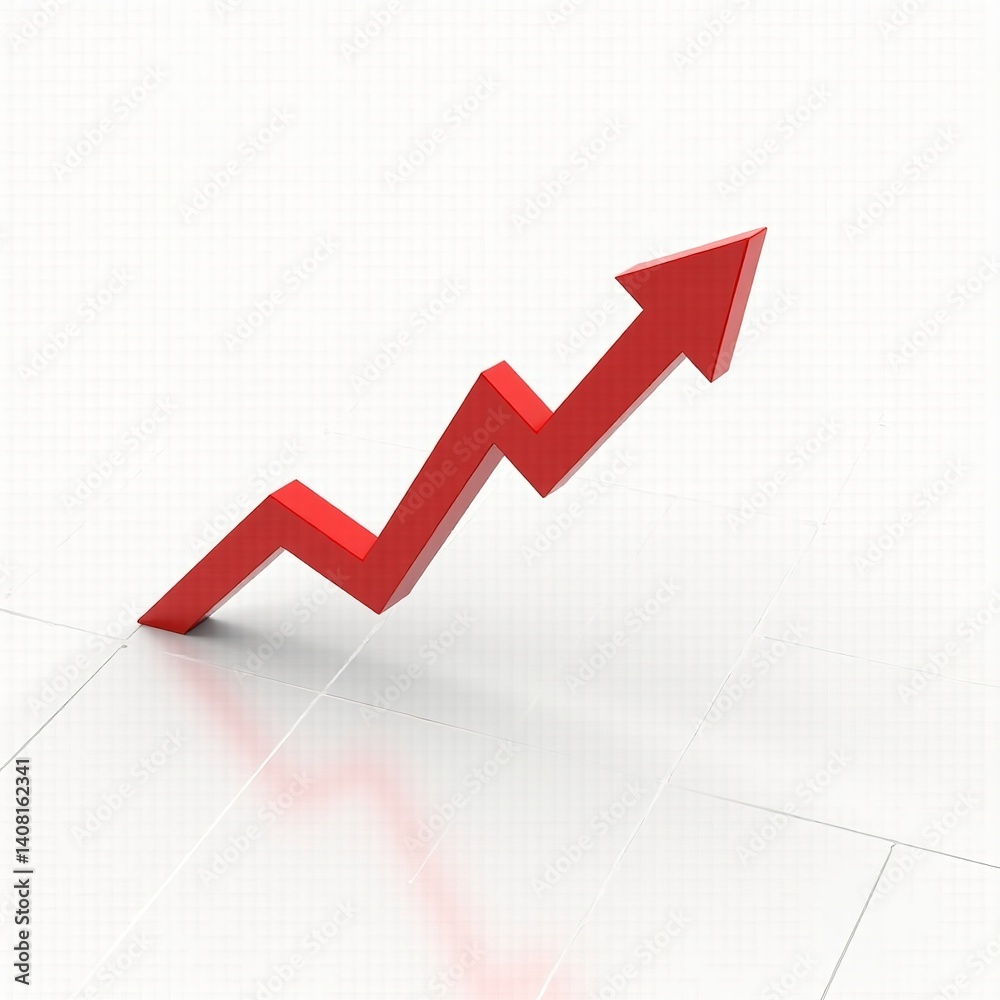 Red arrow soaring upward symbolic of growth progress success and positive trajectory on white grid