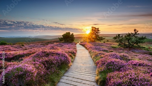 Path through blooming Heather plants in Heathland landscape during sunrise in summer