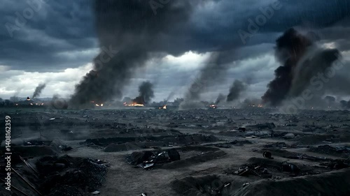 Intense battlefield panorama with explosions and smoke under ominous skies