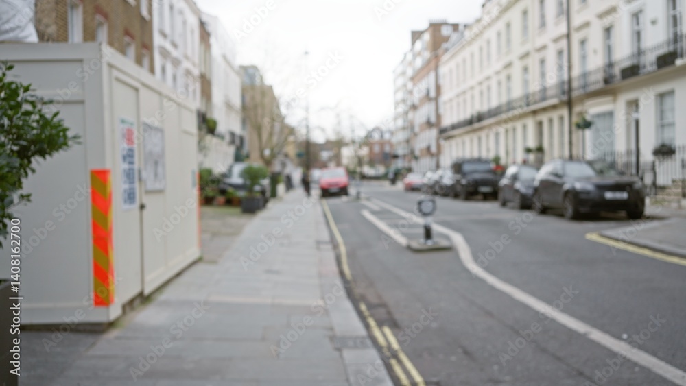 Fototapeta premium Blurred street view in london captures urban ambiance with cars, buildings, and a defocused perspective, accentuating winter tones in a quintessential uk setting.