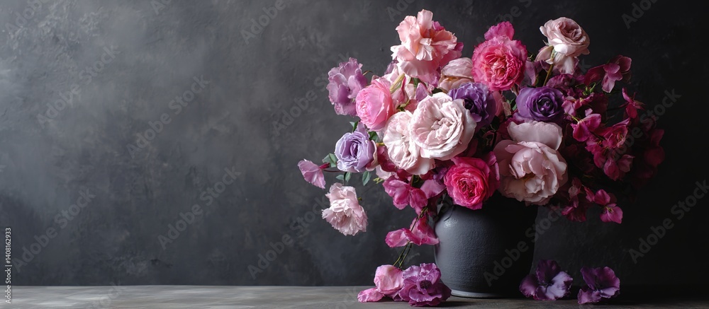 Fototapeta premium Pink and purple roses in white vase on wooden table against dark-gray wall, soft light enhancing floral elegance and pastel hues.