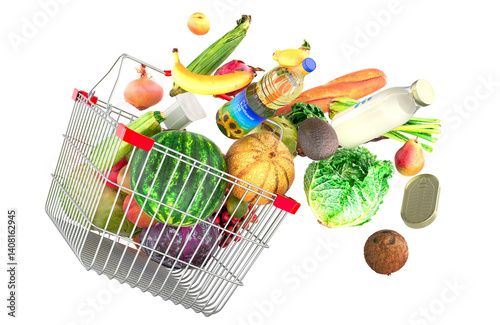 Shopping basket with food products flying out of it. 3D rendering isolated on transparent background