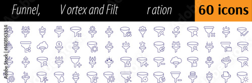 Set of Filter Related Line Icons. Vortex, Funnel Outline Signs for Graphic and Web Design, Apps, Adverts, Various Cards