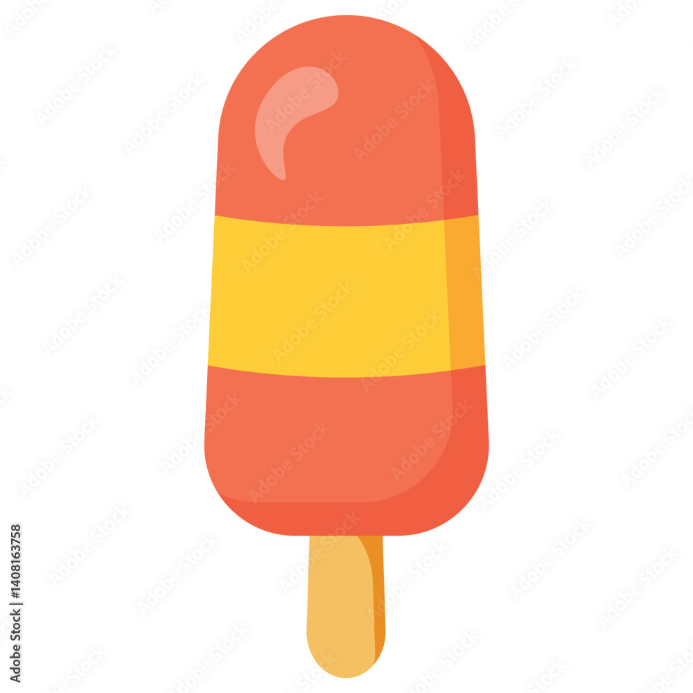 Red and yellow striped popsicle on wooden stick. Ideal for summer party designs, food packaging, children's activities, and dessert-themed illustrations or web graphics Red and yellow striped popsicle on wooden stick. Ideal for summer party designs, food packaging, children's activities, and dessert-themed illustrations or web graphics