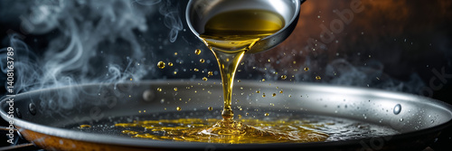close up of oil pouring into a frying pan