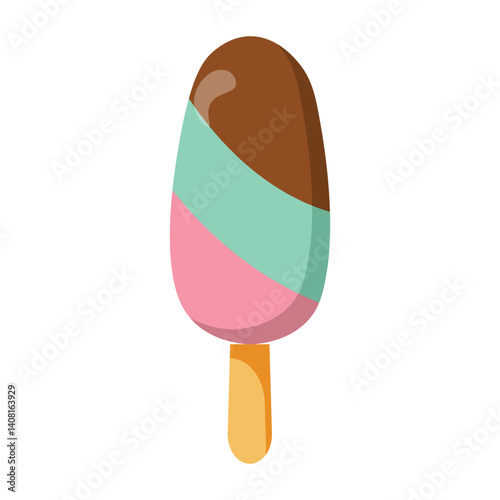 Colorful ice cream on stick with chocolate, mint, and strawberry layers, great for summer ads, food packaging, and kids menu design