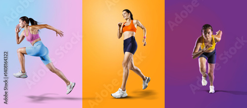 Sports color background. The woman with runner. Isolated scene.