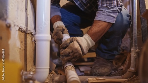 Hispanic plumber replacing old water pipes under a house. Featuring plumbing work and home repair