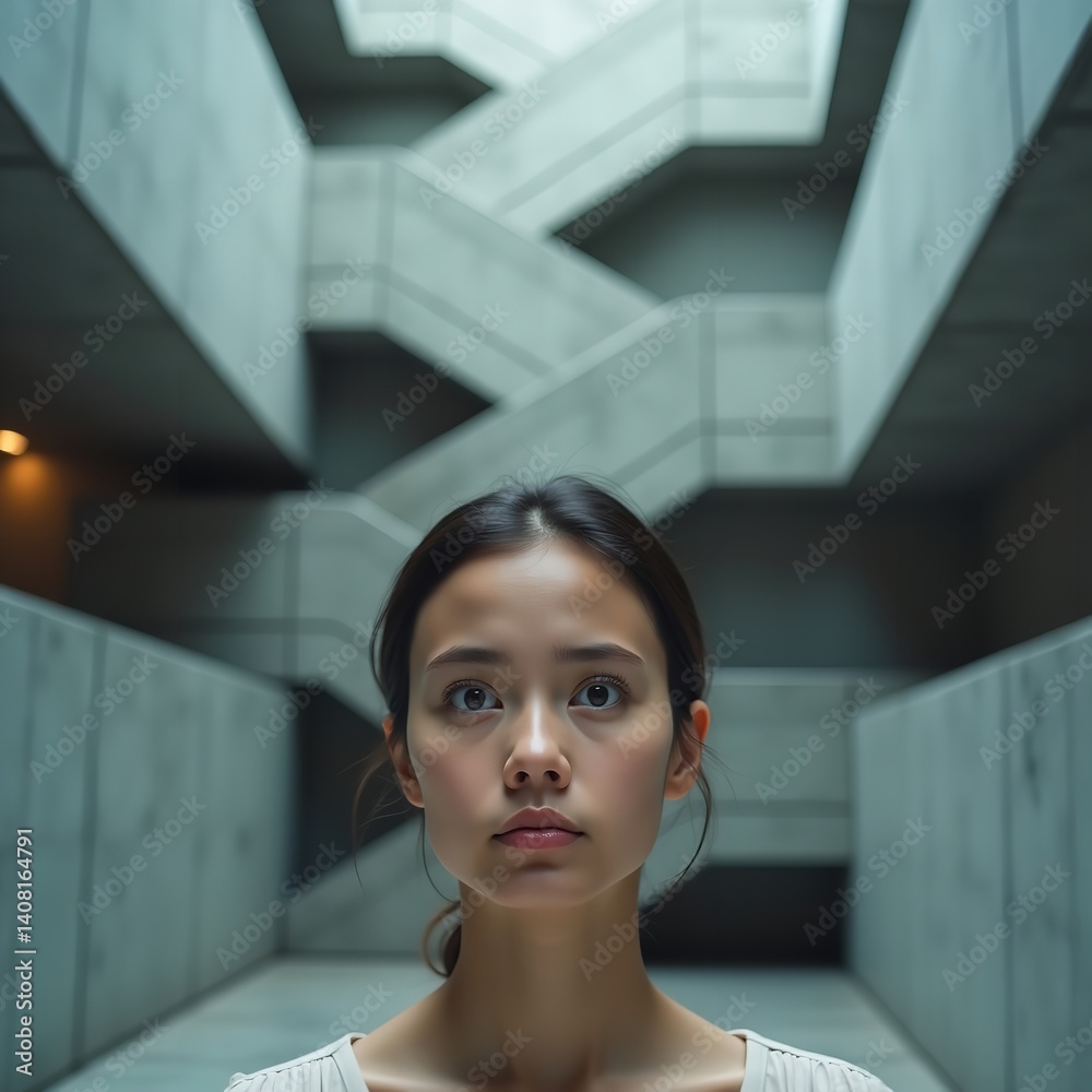 Young woman pensive gaze modern architecture background soft light neutral tones