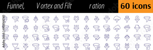 Filter Line Icon Pack. Vortex, Funnel Outline Signs for Graphic and Web Design, Apps, Adverts, Various Cards