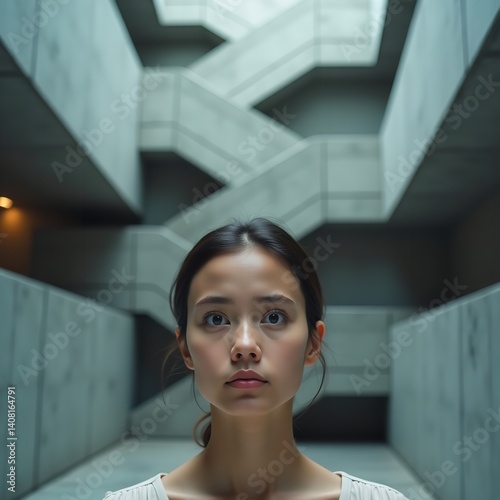 Young woman pensive gaze modern architecture background soft light neutral tones