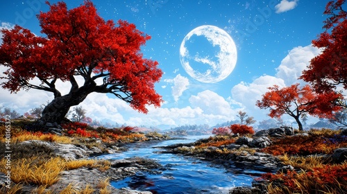 Serene Landscape with Red Trees and Full Moon Under Starry Sky