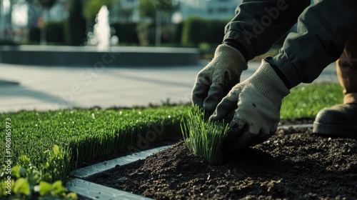 Wallpaper Mural Landscaping worker placing fresh sod in a commercial park. Featuring precision and urban greenery Torontodigital.ca