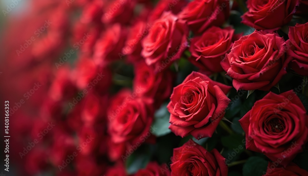 Obraz premium Close-up of vibrant red roses. Soft focus and blurred background create romantic, beautiful backdrop. Flowers petals in bloom. Elegant symbol of love, passion, Valentine Day.
