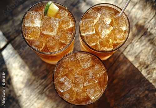 Refreshing Summer Beverages with Ice Cubes and Citrus Garnish Served in Glasses on Rustic Wooden Table