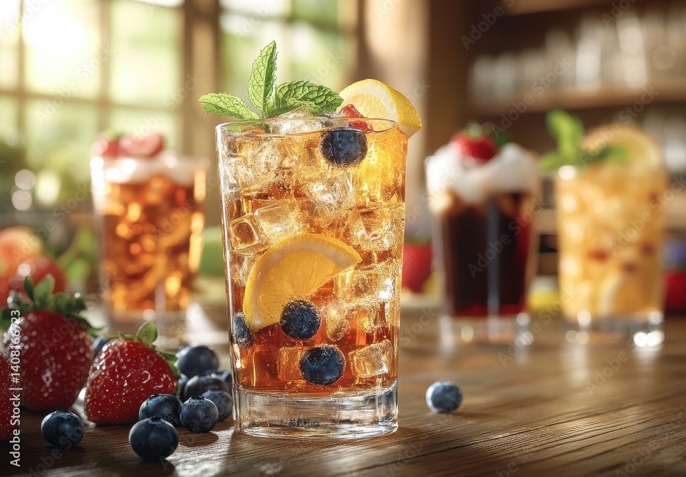 Refreshing Summer Beverages with Ice, Mint, Fruits and Bright Background for Enjoyment and Relaxation in Warm Weather Refreshing Summer Beverages with Ice, Mint, Fruits and Bright Background for Enjoyment and Relaxation in Warm Weather