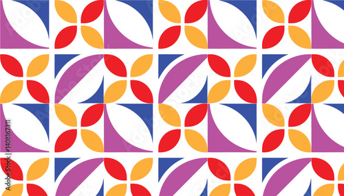 Geometric pattern, colorful circles and curves, retro design, 1960s style, abstract shapes, tessellation, vibrant colors, blue, red, yellow, purple, white background, seamless tiles, mod art