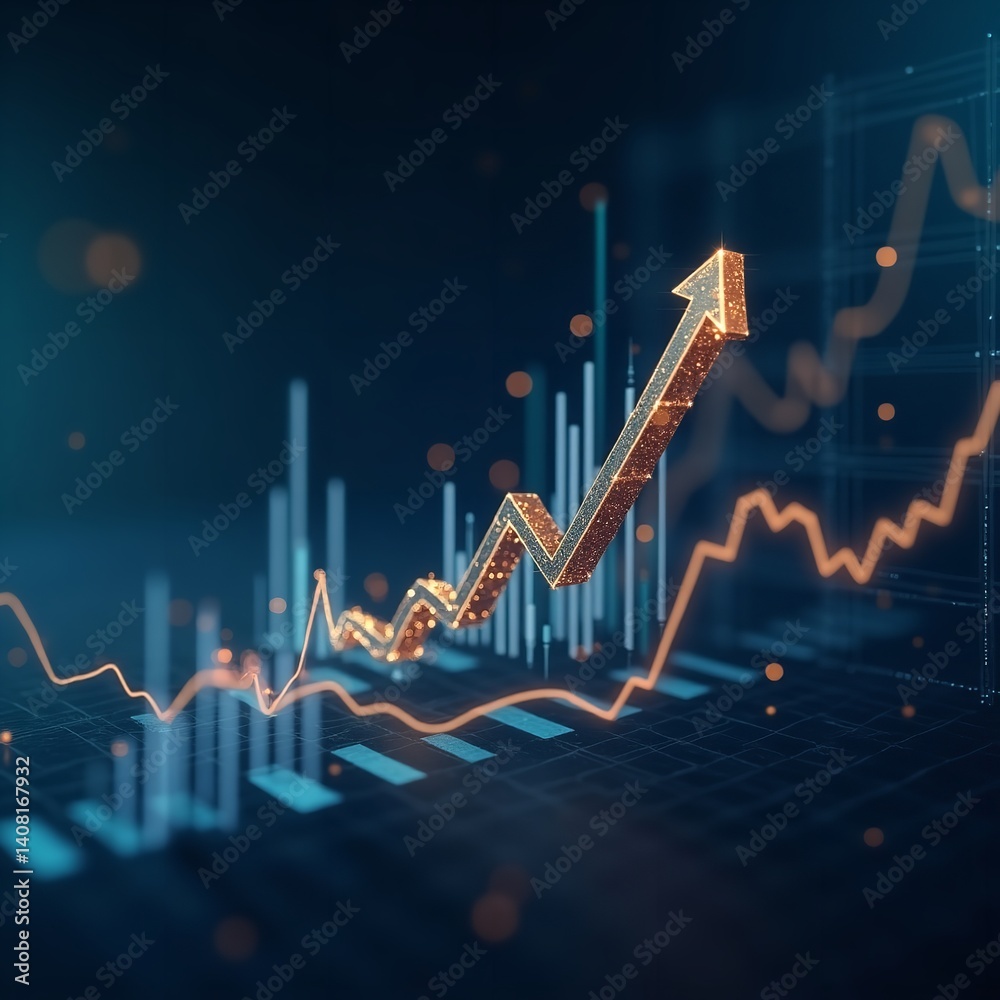 Upward trending golden arrow financial growth chart showcasing economic success dark blue background