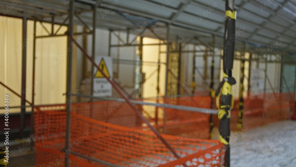 Blurred image of construction site with scaffolding and safety barriers highlighted by bokeh lighting, creating a defocused urban working environment.