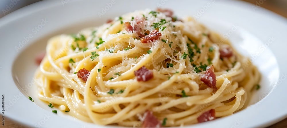 A plate of classic spaghetti carbonara with crispy pancetta