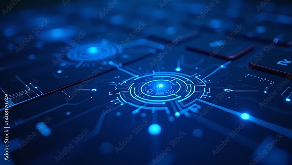 Futuristic digital keyboard interface glowing blue circuit design tech background