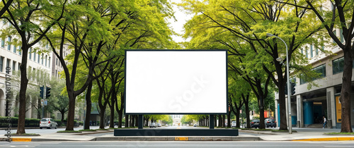 Large blank billboard displaying advertising mockup in green city street