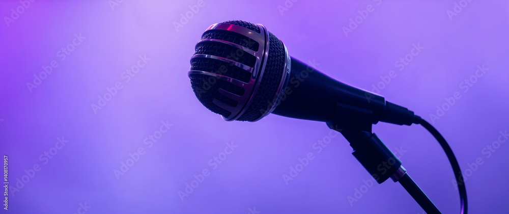 Obraz premium Microphone on stage with purple lighting waiting for singer or speaker