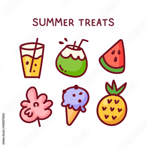 Vector doodle illustration of pineapple, watermelon, coconut, ice cream, cotton candy, and soda. Hand-drawn treats set. Isolated clipart for summer, vacation, and delicious food designs