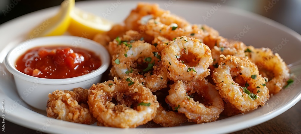 A plate of crispy calamari with a side of marinara sauce A plate of crispy calamari with a side of marinara sauce
