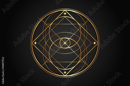 Vesica Piscis, Sacred Geometry, golden mystical third eye geometric logo design. Occult Emblem of Providence, All seeing eye protection, luck, magic. God eye masonic sign isolated on black background
