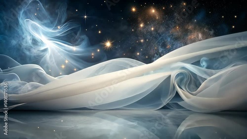 White fabric flows against a backdrop of smoke, stars, and nebulae with a reflective surface