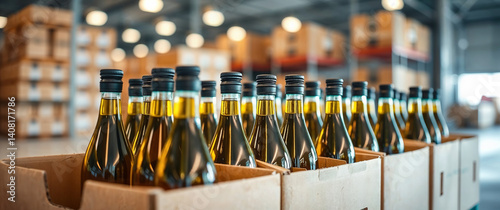 Olive oil bottles standing in cardboard boxes in warehouse