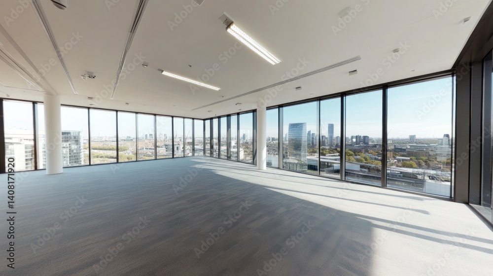 Empty Office Space with City View and Natural Light Streaming in Empty Office Space with City View and Natural Light Streaming in