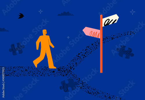A conceptual illustration with a stylized human figure walking along a path to the signs and a forking road beyond. A metaphor for choice, decision-making, and life path.