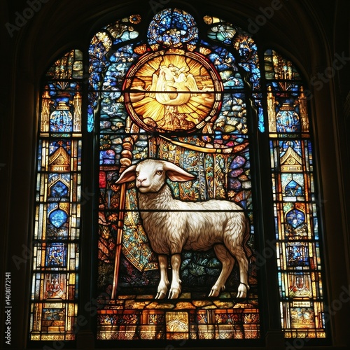 Beautiful Stained Glass Depicting the Lamb of God with Angels Overhead, a Symbol of Easter Hope and Renewal in a Church, Cathedral or religious setting.