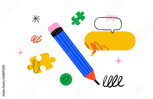 A large blue pencil surrounded by puzzle pieces, speech bubbles, doodles and smileys and stars. The concept of the theme of creativity, writing and communication.