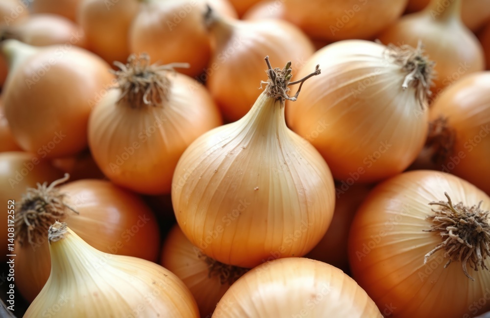 Fototapeta premium Close-up photo fresh yellow onions. Ripe whole vegetables on brown background. Healthy ingredient for cooking. Organic farm product. Top view food photography.