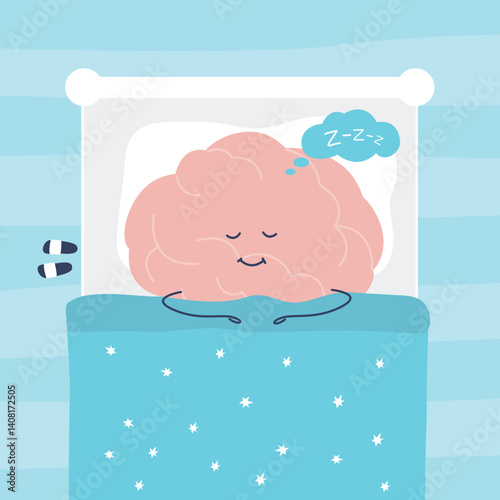 Human brain character has a healthy sleep in the bed. Brain mascot under blanket in bed is sleeping and relax. Bedtime, night, top view.