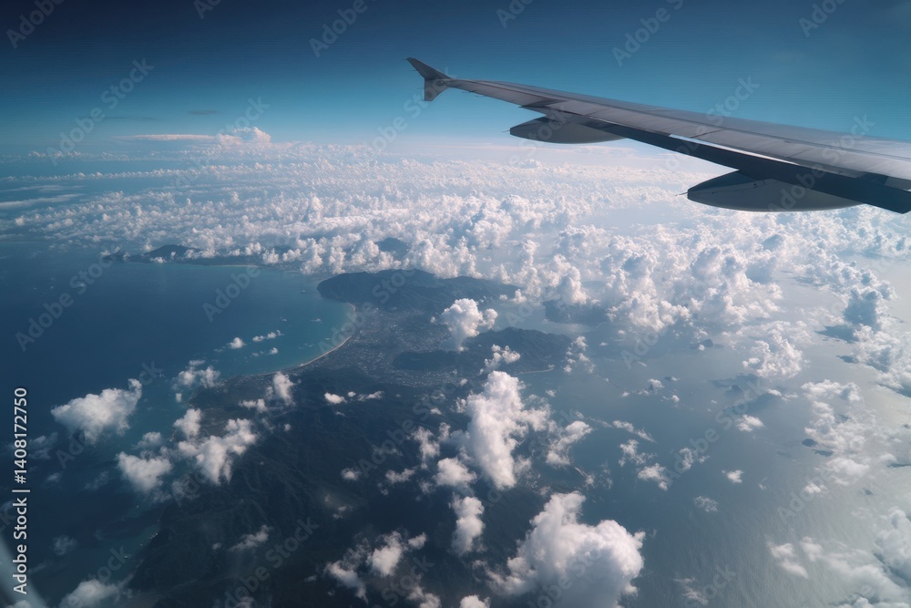 A tropical island emerges from a boundless ocean, framed by a plane's wing, bathed in realistic light, promising a dream vacation. A tropical island emerges from a boundless ocean, framed by a plane's wing, bathed in realistic light, promising a dream vacation.