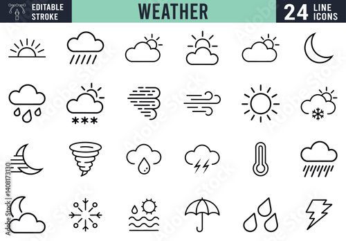 Weather Forecast Linear Icons Collection Sun Clouds Rain Snow Wind Lightning Thermometer For Website And Application Design Modern Simple Vector Illustration