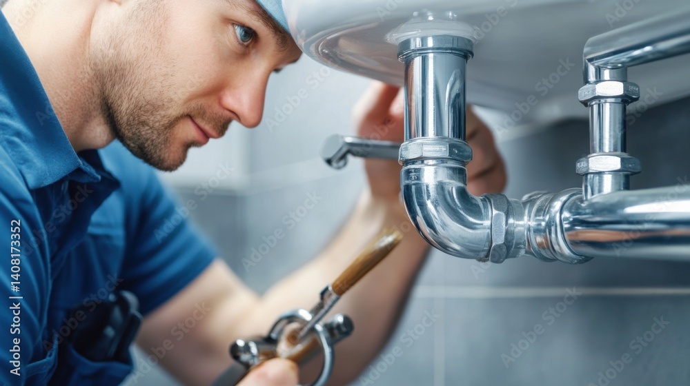 Plumber installing pipes in a newly built bathroom. Featuring technical precision and careful work Plumber installing pipes in a newly built bathroom. Featuring technical precision and careful work