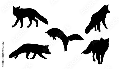 Set of silhouettes of a fox in different poses.