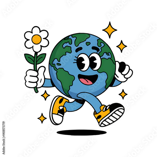 Happy Cartoon Earth Holding Flower – Eco Friendly Vector Character